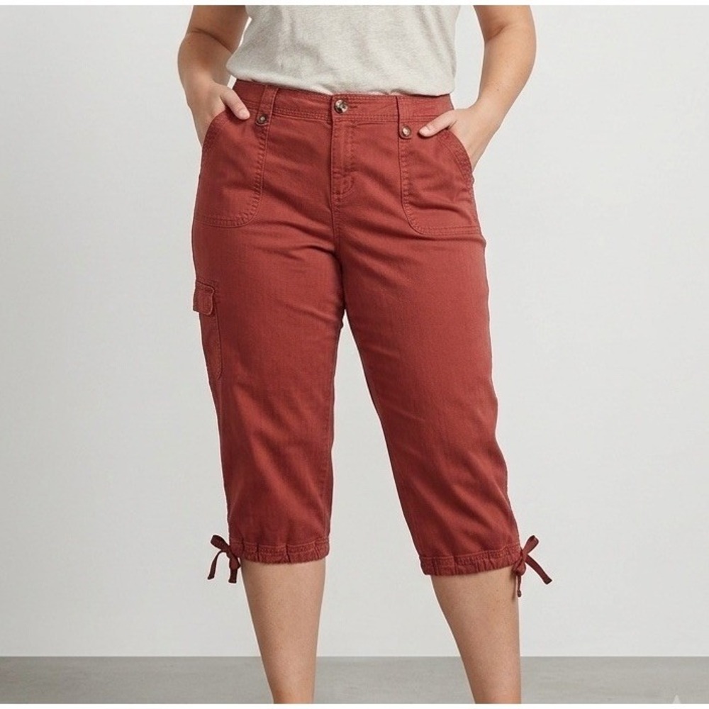 Croft & Barrow Stretch Cargo Capri Pants Sz 16 Rust Terracotta Bow Hem Y2K
